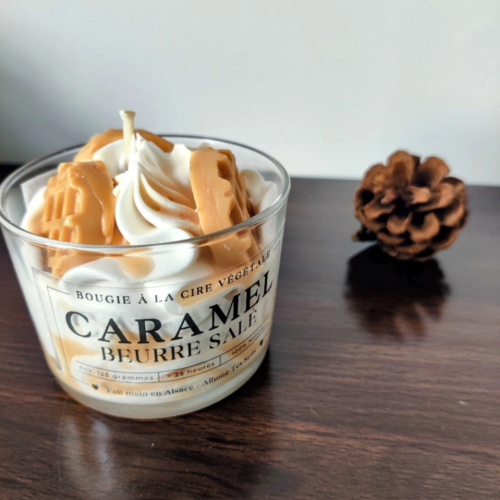 Bougie parfumée caramel beurre salé en cire de soja artisanale, ambiance gourmande cocooning