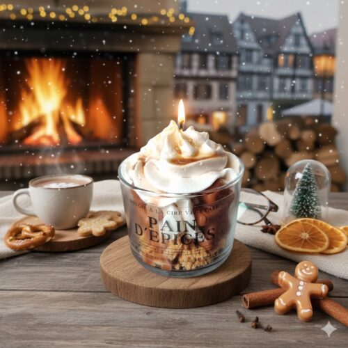 Bougie parfumée Allume Tes Sens Pain d'Épices posée sur une table en bois rustique avec une vue sur un paysage de maisons alsaciennes