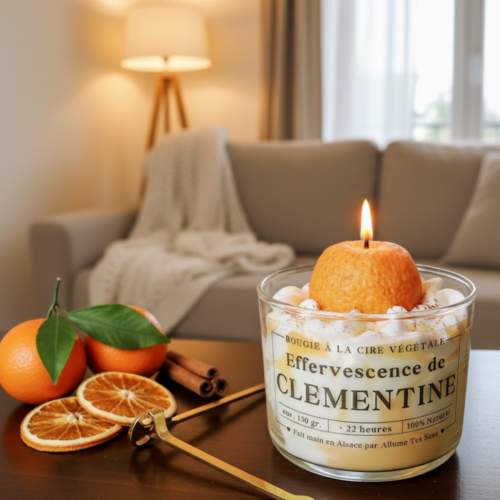 Bougie Effervescence Clémentine en cire de soja avec chantilly onctueuse et décorations fruitées