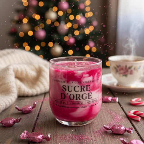 Bougie artisanale Allume Tes Sens au parfum Sucre d'Orge, marbrage rose et blanc avec étiquette épurée