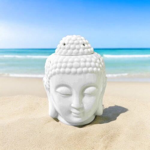 Brûle-parfum Bouddha céramique blanche tête zen complète, diffuseur fondants élixirs huiles essentielles