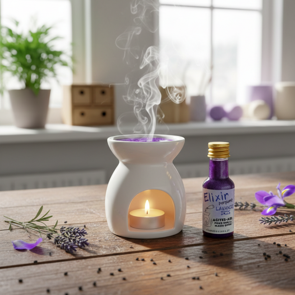 Flacon d'élixir huile naturelle Lavande et Iris Allume Tes Sens, concentré de parfum aux micas violets scintillants pour brûle-parfum.