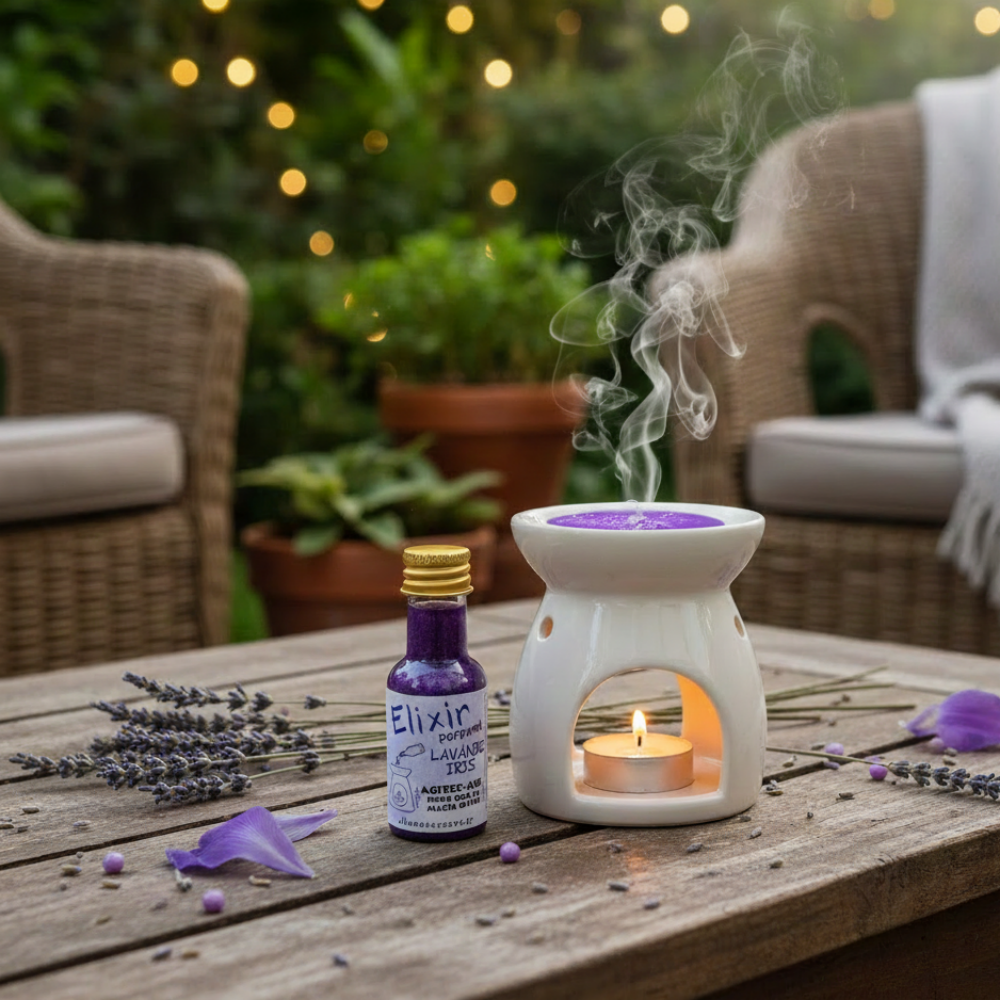 Élixir d'huile naturelle Lavande et Iris Allume Tes Sens posé dans un jardin fleuri, parfum d'ambiance floral et apaisant.