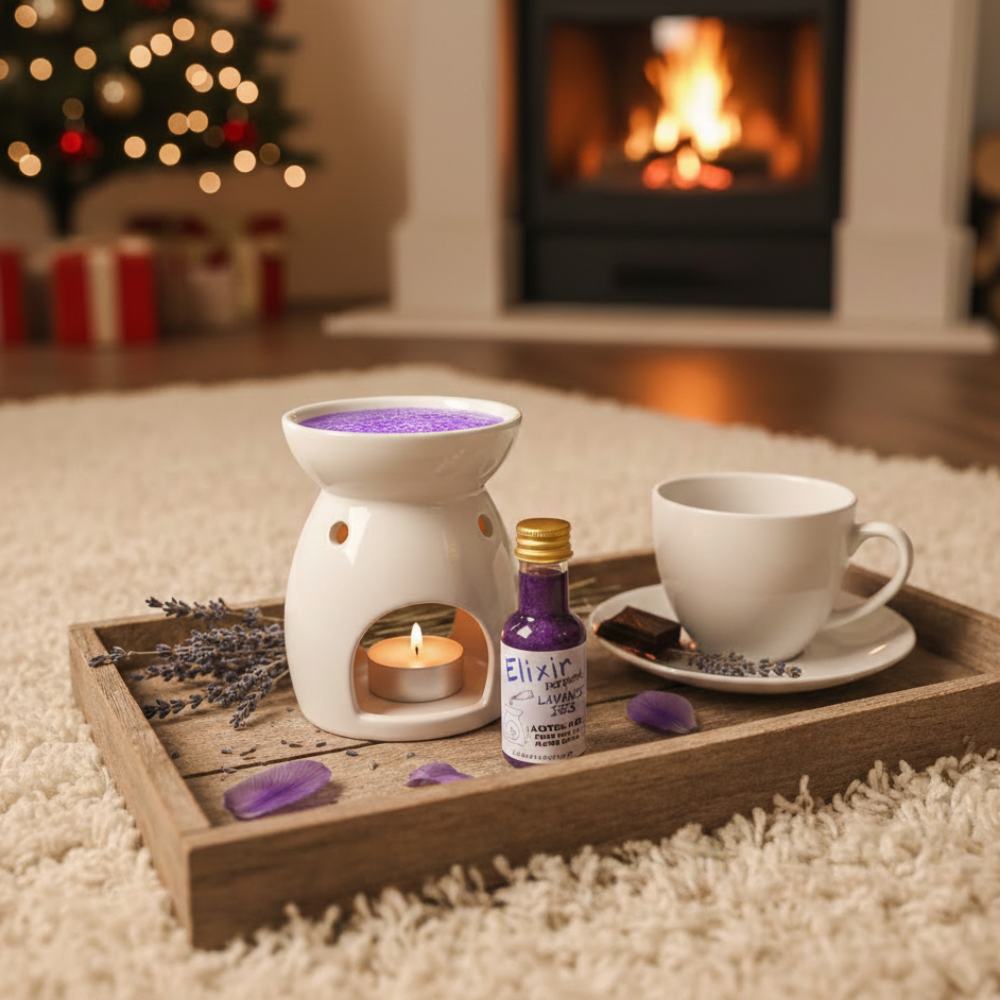 Élixir d'huile parfumée naturelle Lavande et Iris Allume Tes Sens dans un décor de Noël chaleureux, cadeau bien-être artisanal.