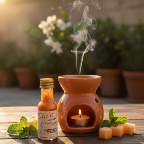 Huile parfumée naturelle au Melon Allume Tes Sens présentée en extérieur sur une terrasse ensoleillée avec brûle-parfums