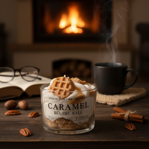 Bougie artisanale parfumée au Caramel Beurre Salé avec décoration de cire en forme de gaufre, présentée dans un salon cosy devant une cheminée