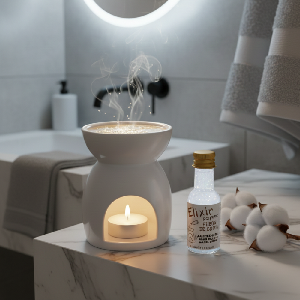 Huile parfumée scintillante Fleur de Coton Allume Tes Sens posée dans une salle de bain moderne et design, reflets nacrés et lumineux.