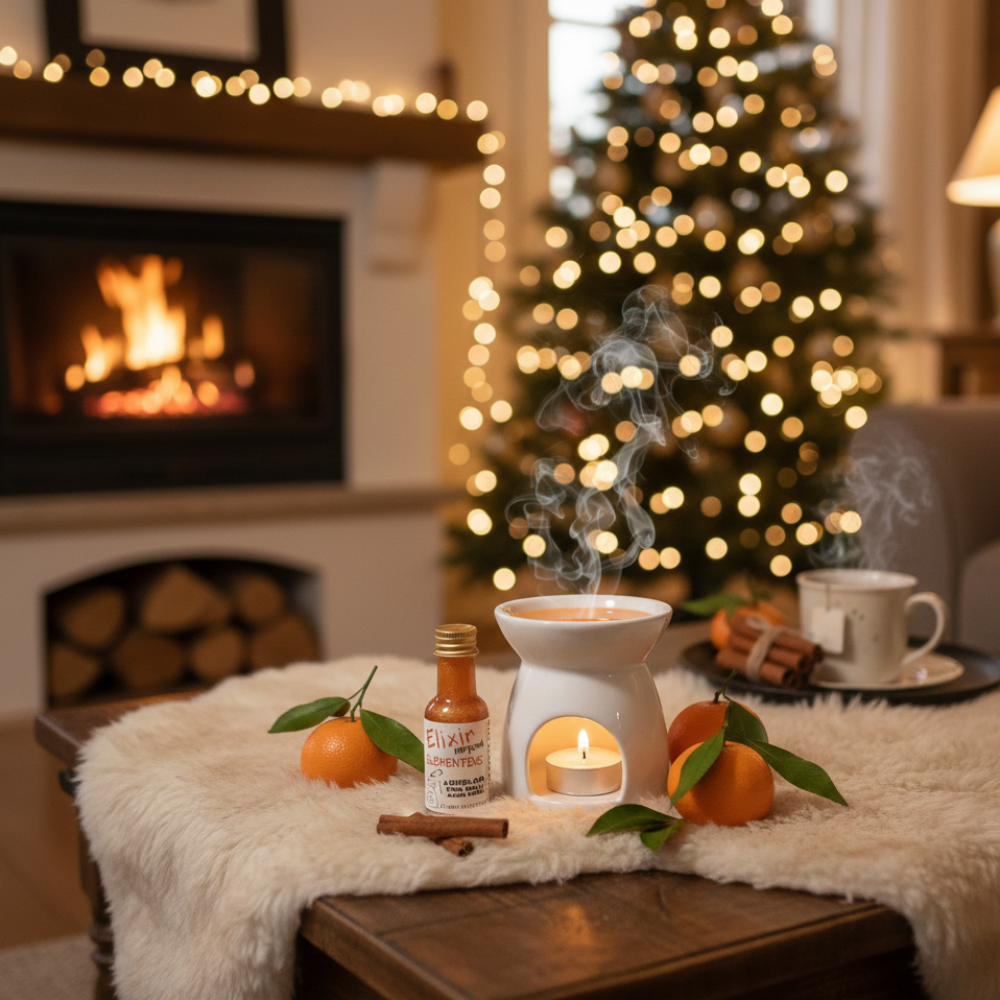 Élixir d'huile parfumée Clémentine Allume Tes Sens dans un décor de Noël, huile naturelle orange scintillante pour ambiance de fêtes chaleureuse.