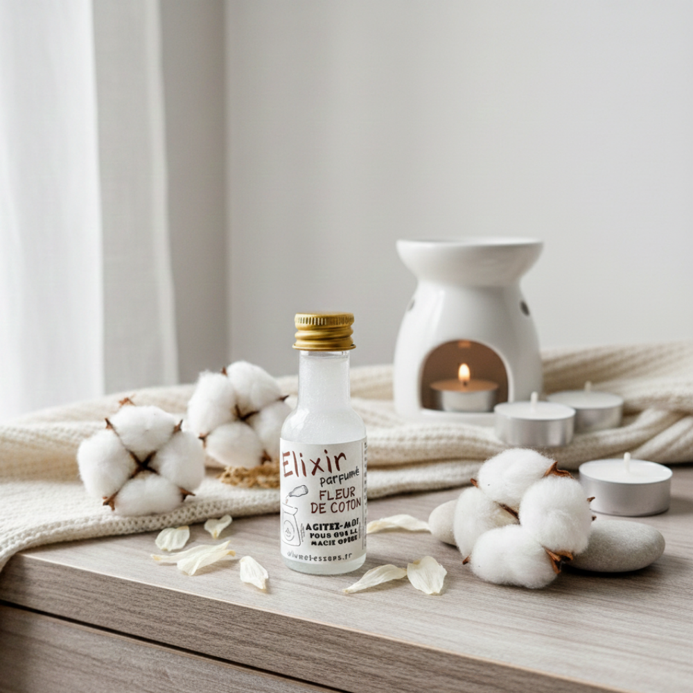 Flacon d'élixir huile naturelle Fleur de Coton Allume Tes Sens, concentré de parfum aux micas blancs scintillants pour brûle-parfum.