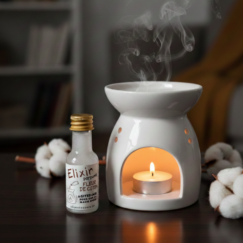 Élixir d'huile parfumée naturelle Fleur de Coton Allume Tes Sens, flacon aux micas blancs scintillants pour une ambiance douce et poudrée.
