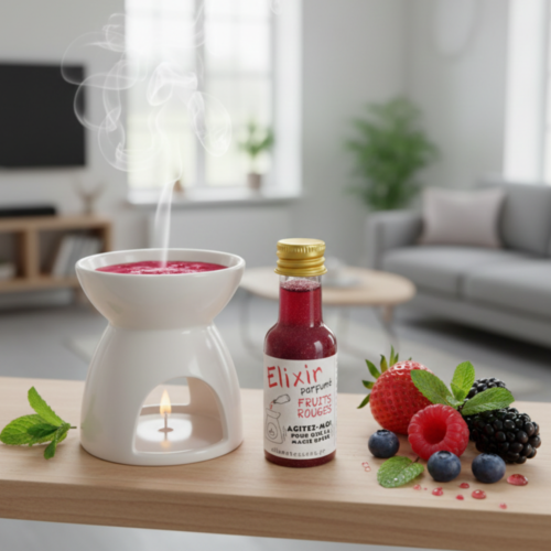 Élixir d'huile naturelle aux Baies Sauvages Allume Tes Sens, huile scintillante rouge aux reflets nacrés dans une ambiance cocooning et chaleureuse.