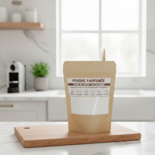 Sachet de poudre parfumée fleur de coton posé sur une planche en bois dans une cuisine blanche moderne, évoquant le propre et la douceur
