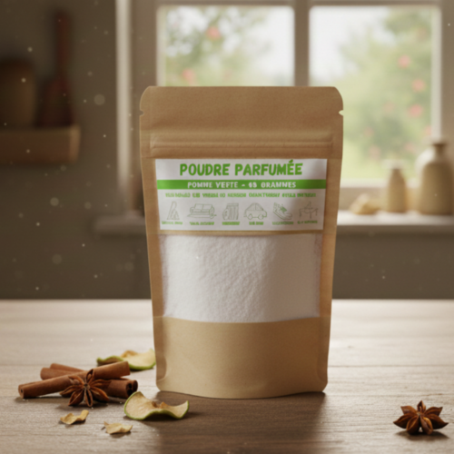 Un sachet de poudre parfumée senteur pomme posé sur une table en bois dans une cuisine lumineuse, entouré de bâtons de cannelle et de tranches de pommes séchées.