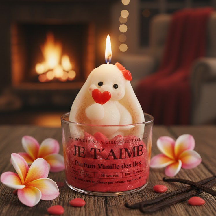 Gamme de bougies artisanales Allume Tes Sens "Je t'aime" avec packaging blanc et décorations de vanille et fleurs exotiques.