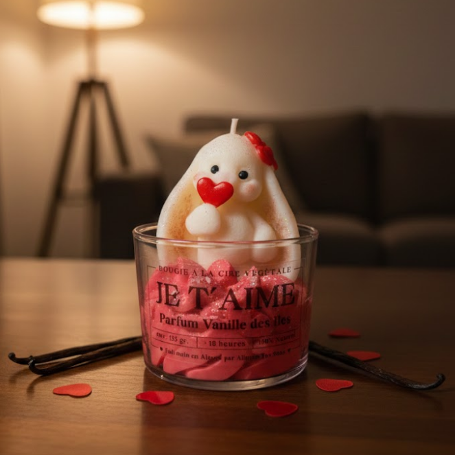 Gros plan sur la bougie artisanale Je t'aime d'Allume Tes Sens : lapin blanc avec cœur rouge sur une chantilly de cire rose, parfum vanille des îles.