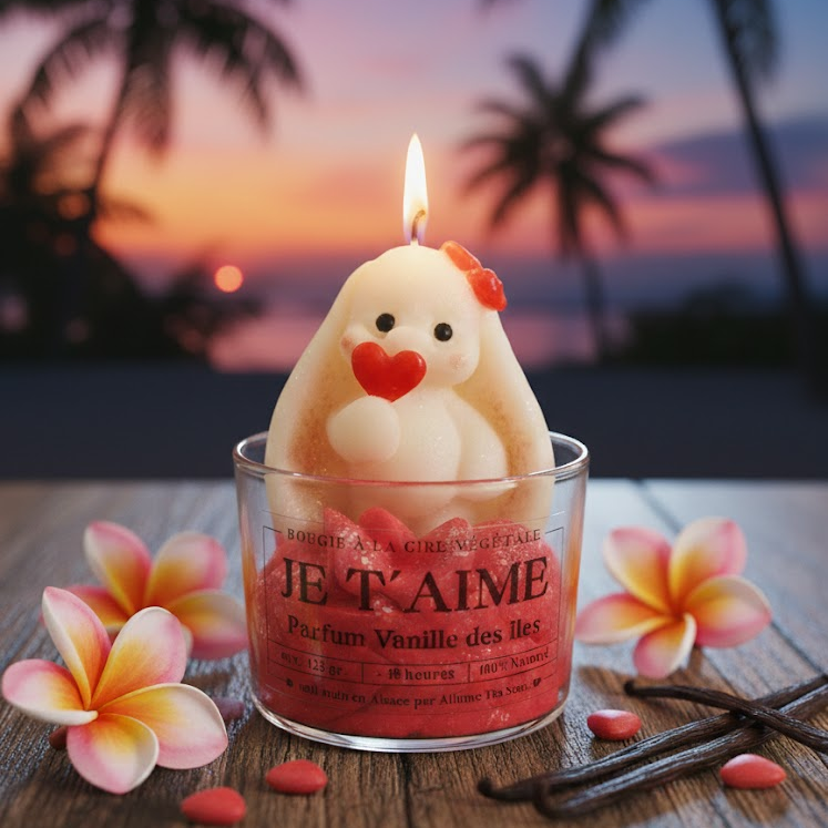 Bougie artisanale Allume Tes Sens pour la Saint-Valentin avec un lapin blanc tenant un cœur rouge, parfum vanille des îles, mise en scène sur une plage au coucher du soleil.