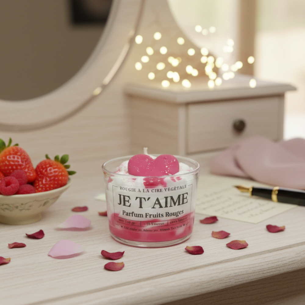 Bougie artisanale chantilly Je t'aime parfum fruits rouges posée sur une coiffeuse avec des pétales de roses et un stylo plume