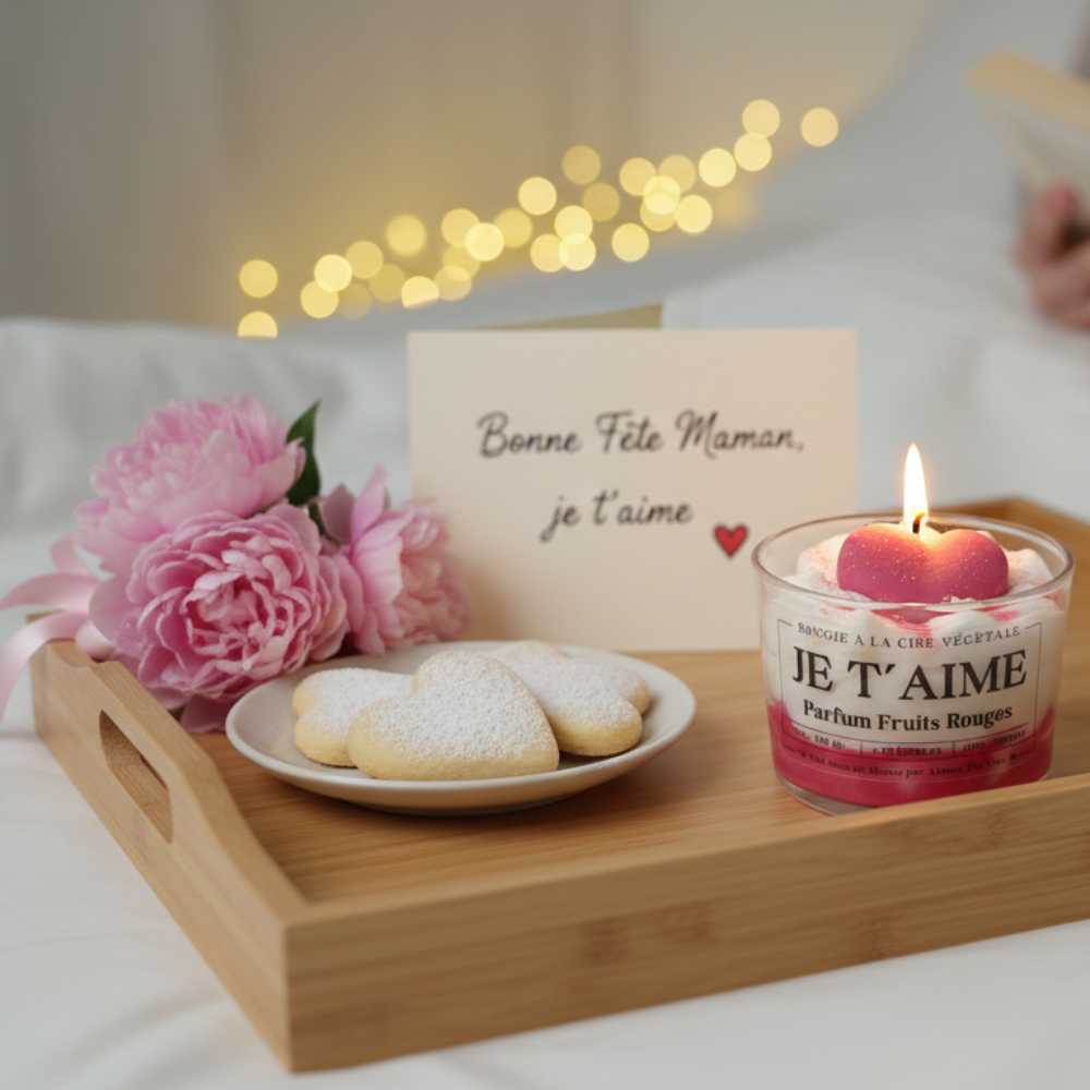 Bougie gourmande chantilly Je t'aime parfum fruits rouges sur un plateau en bois avec biscuits en cœur et carte Bonne Fête Maman