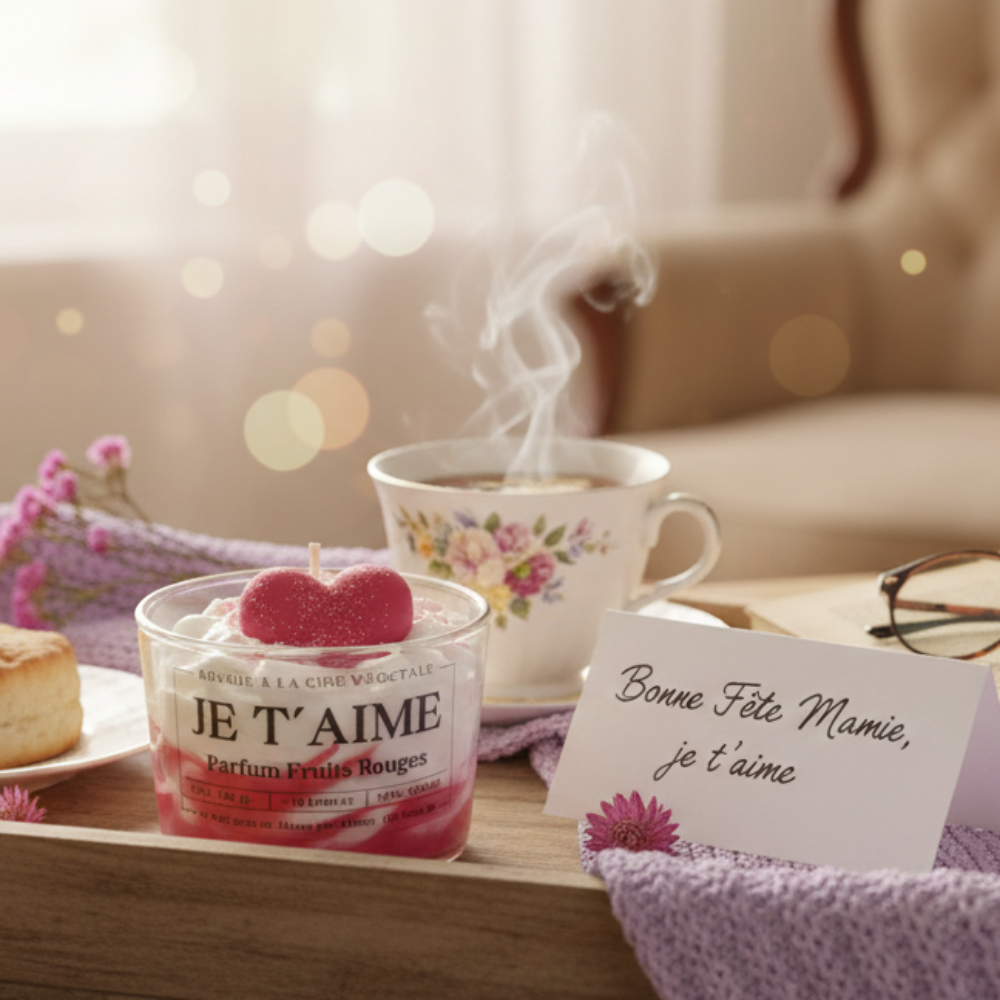 Bougie chantilly artisanale "Je t'aime" sur un plateau en bois avec une tasse de thé, un biscuit et une carte de vœux Bonne Fête Mamie
