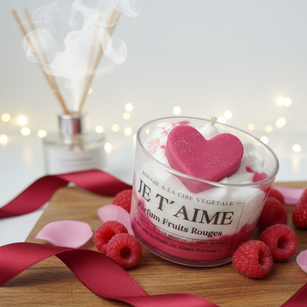 Bougie gourmande chantilly "Je t'aime" parfum fruits rouges entourée de framboises, fraises fraîches et d'un ruban rouge satiné sur un support en bois.