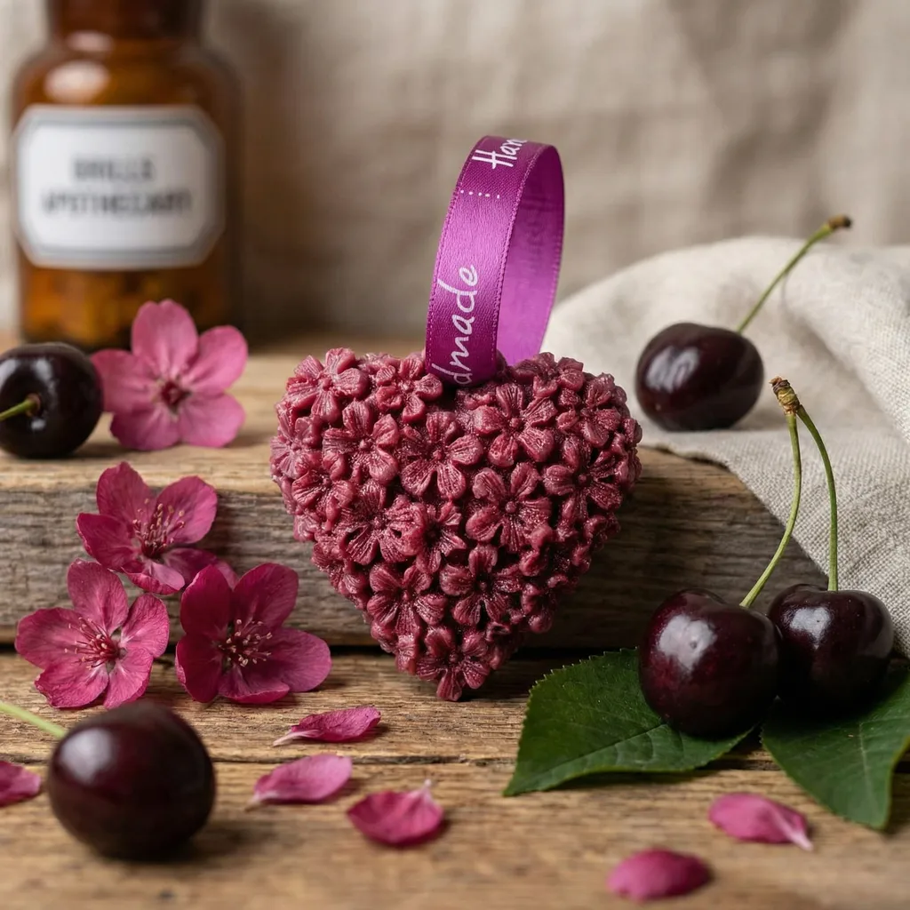 CĆur en cire bordeaux avec fleurs sculptĂ©es, paillettes et ruban violet.