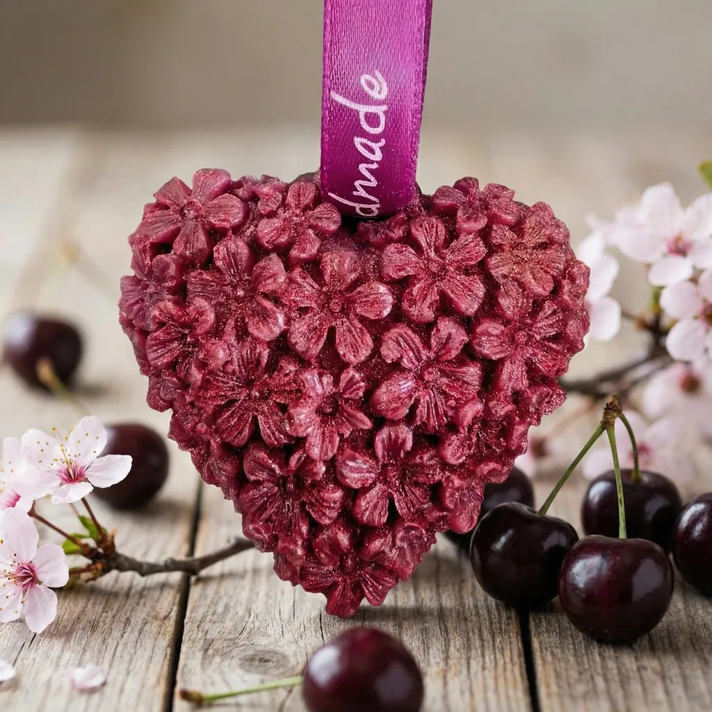 Gros plan d'un cĆur en cire bordeaux sculptĂ© de fleurs et parsemĂ© de paillettes, parfum cerise noire, entourĂ© de cerises fraĂźches.