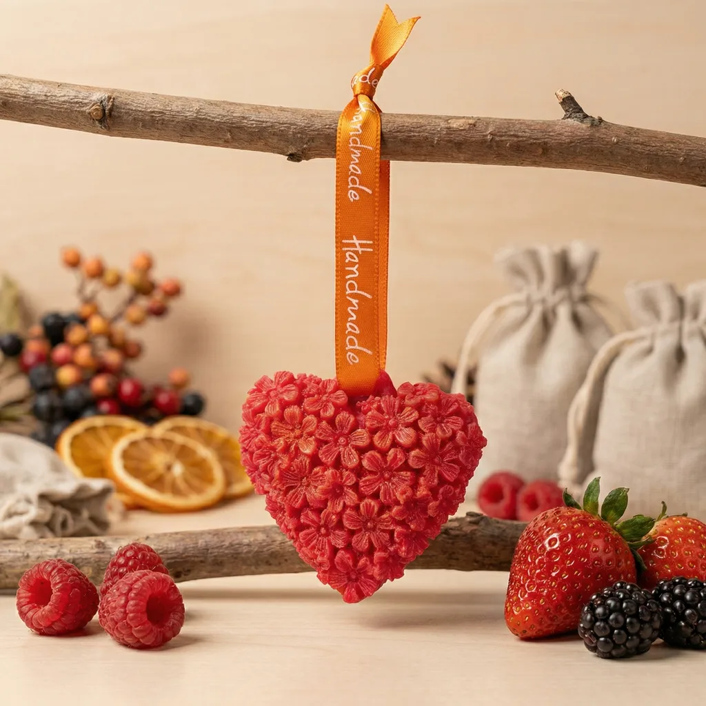 Suspension parfumĂ©e artisanale en forme de cĆur rouge sculptĂ© de fleurs, suspendue par un ruban orange "Handmade" avec dĂ©cor de fruits rouges et oranges sĂ©chĂ©es.