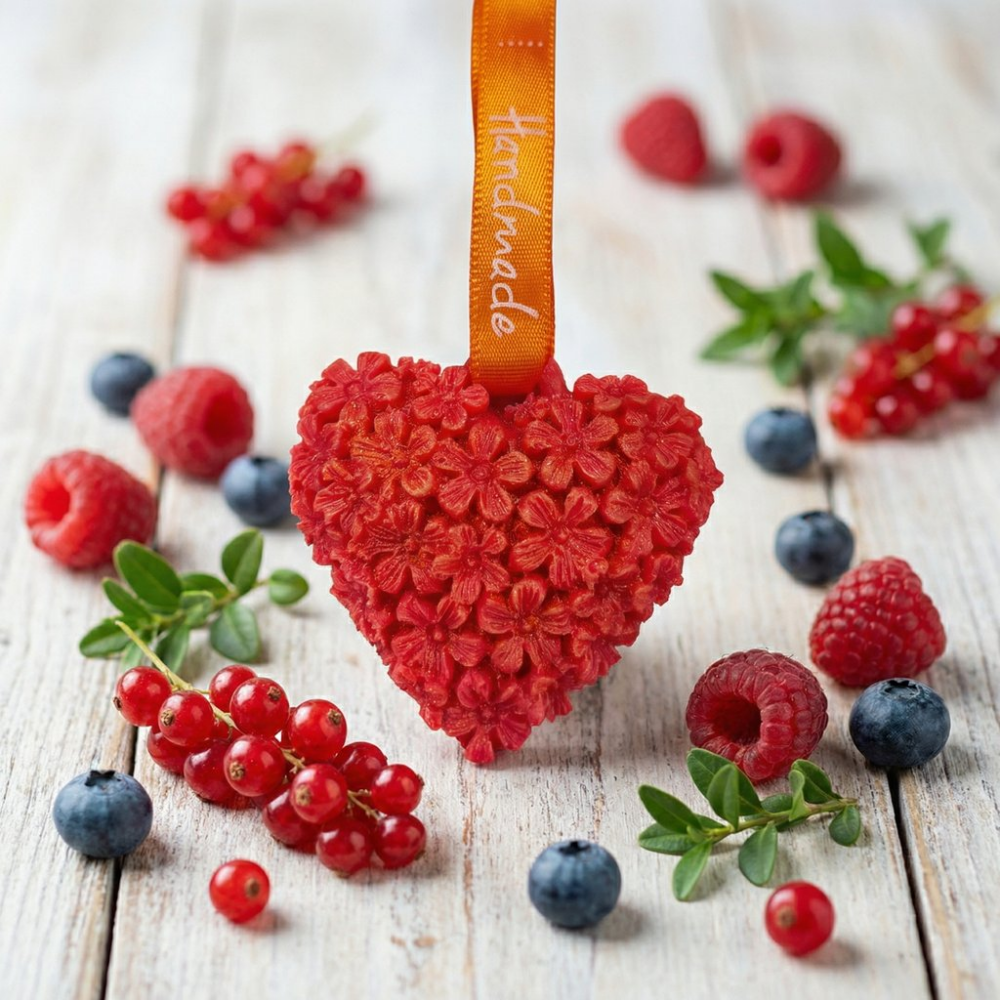 Suspension parfumĂ©e senteur Fruits Rouges en forme de cĆur rouge sculptĂ©, dĂ©corĂ©e de baies sauvages, framboises et myrtilles sur un fond en bois blanc.