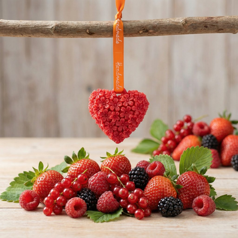 Suspension en cire rouge en forme de cĆur fleuri surplombant un plateau de fruits rouges frais : fraises, framboises, mĂ»res et groseilles.