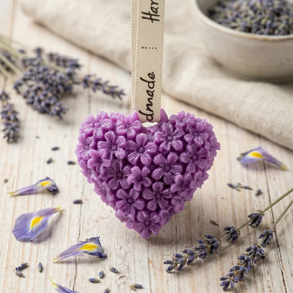 CĆur en cire violette sculptĂ© de fleurs de lavande et d'iris, suspendu par un ruban crĂšme "Handmade" sur un fond en bois clair avec des brins de lavande sĂ©chĂ©e.