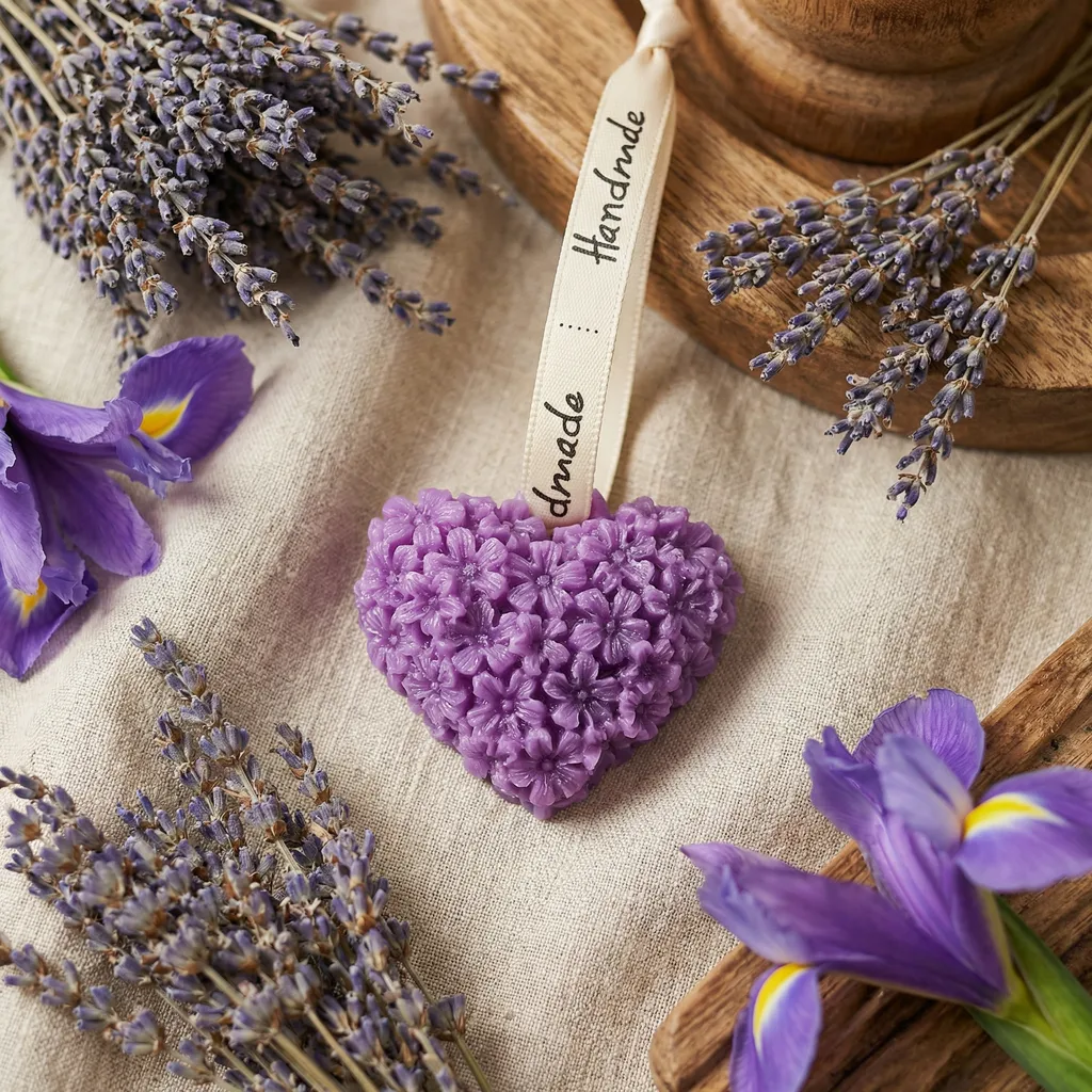CĆur en cire violette sculptĂ© de fleurs avec ruban crĂšme "Handmade", entourĂ© de bouquets de lavande sĂ©chĂ©e et fleurs d'iris sur un lin naturel.