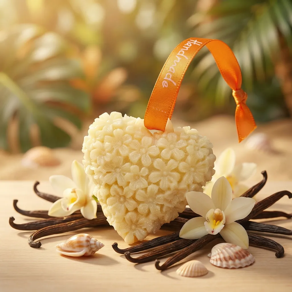 CĆur en cire crĂšme sculptĂ© de petites fleurs, ruban satinĂ© orange "Handmade", entourĂ© de gousses de vanille noire, fleurs de vanille et coquillages sur un fond de plage tropicale.