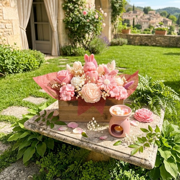 Composition florale de Pùques en cire sur une table en pierre dans un jardin ensoleillé avec vue sur un village provençal.