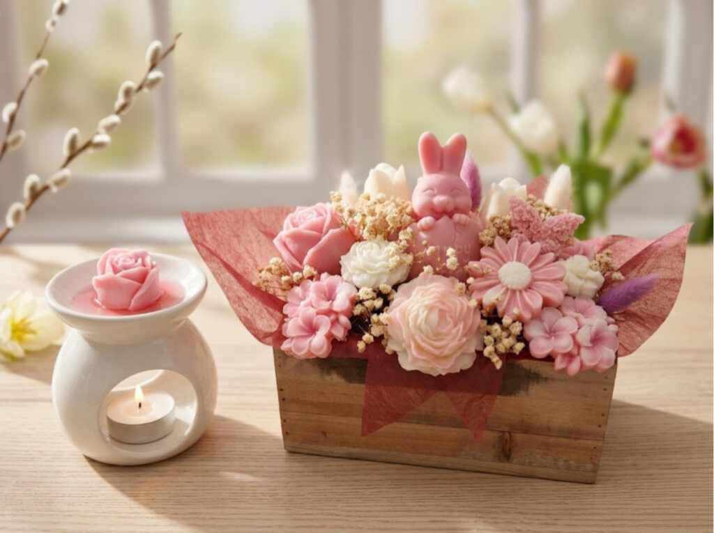 Arrangement de PĂąques artisanal avec bougie lapin rose et fondants fleurs parfum vanille dans un bac en bois.