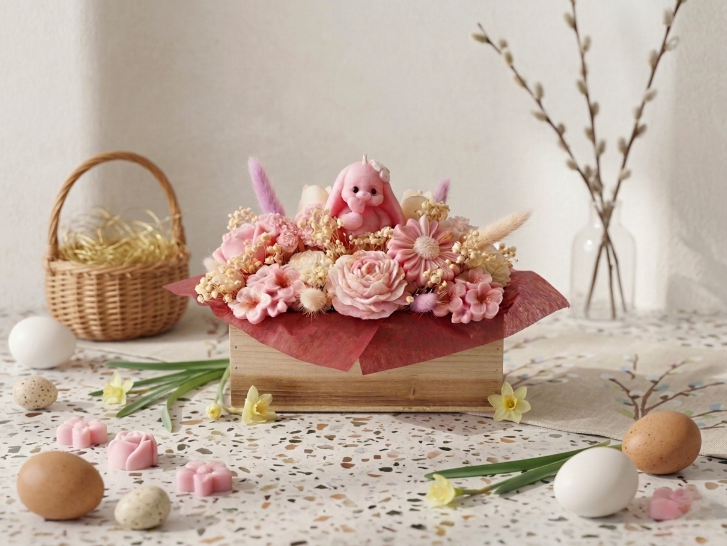 Arrangement floral en cire rose avec lapin mignon, fleurs de printemps et Ćufs dĂ©coratifs sur un plan de travail en terrazzo blanc.