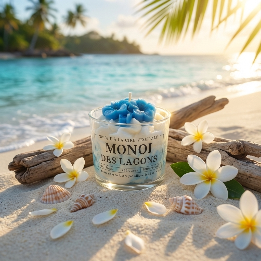 Bougie chantilly Monoï des Lagons Allume tes Sens entourée de fleurs de frangipanier et de coquillages sur le sable.