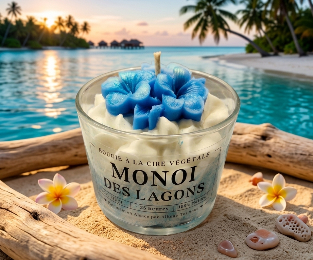 Bougie chantilly Monoï des Lagons Allume Tes Sens sur le sable face à un lagon turquoise et des bungalows sur pilotis.