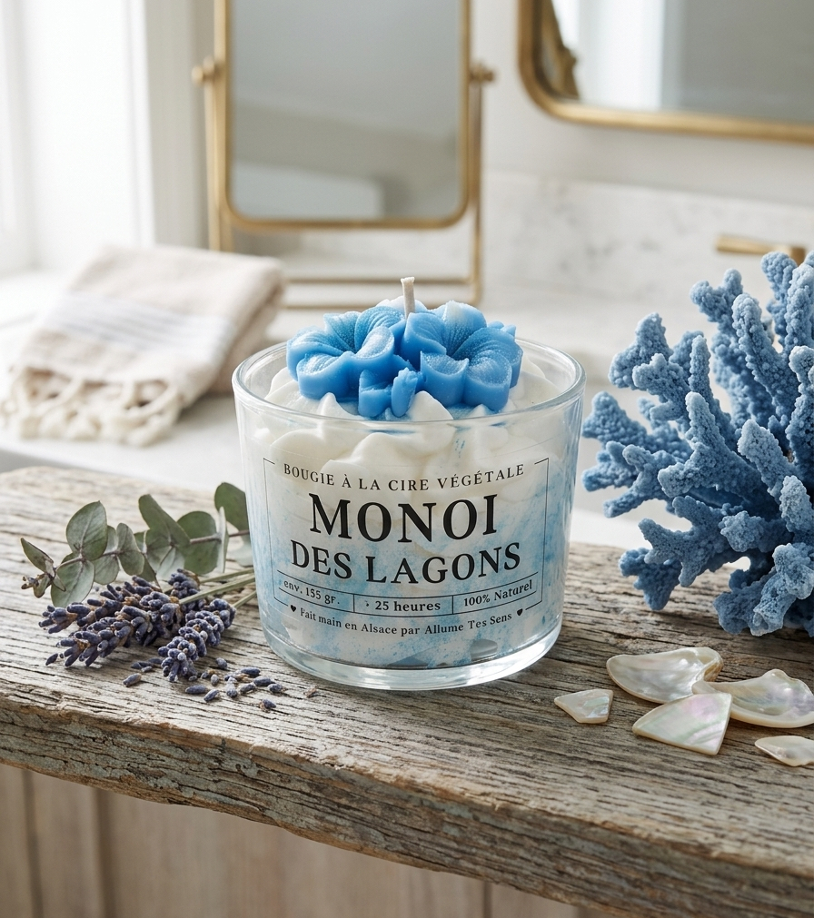 Bougie artisanale Monoï des Lagons sur un support en bois dans une salle de bain avec corail bleu et lavande.