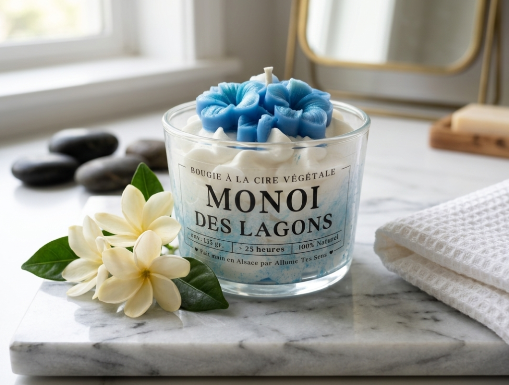 Bougie artisanale Monoï des Lagons sur un support en bois dans une salle de bain avec corail bleu et lavande.