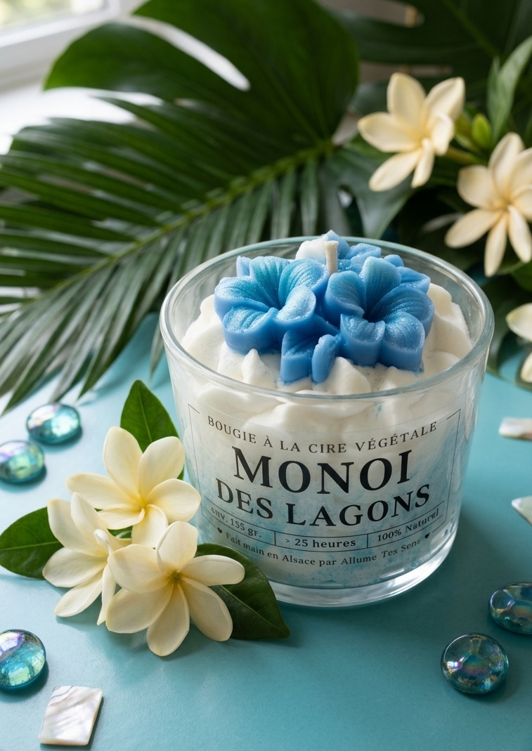Bougie artisanale Monoï des Lagons Allume Tes Sens entourée de feuilles de palmier et fleurs de frangipanier.