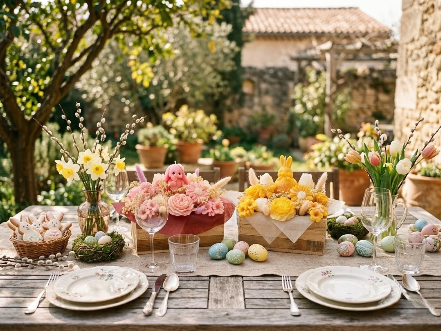 Table de PĂąques dĂ©corĂ©e avec deux arrangements parfumĂ©s artisanaux (rose et jaune), des Ćufs dĂ©corĂ©s, des fleurs et des biscuits lapins en extĂ©rieur.