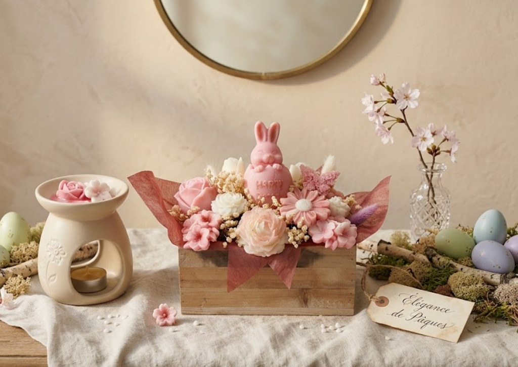 Décoration de table de Pùques avec arrangement de fondants roses, bougie lapin et fleurs de cerisier dans un intérieur cosy.
