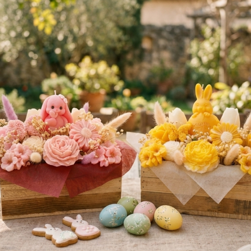Gros plan sur deux arrangements de Pâques artisanaux, un lapin rose et un lapin jaune, accompagnés de biscuits sablés et d'œufs décorés sur une nappe en lin.