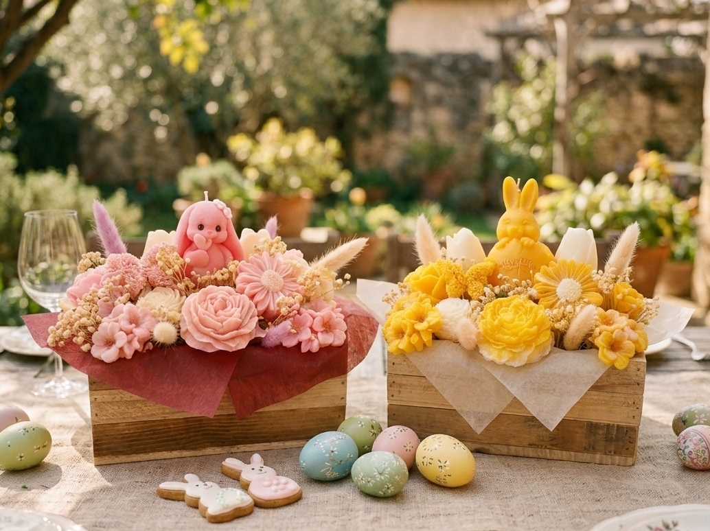 Gros plan sur deux arrangements de PĂąques artisanaux, un lapin rose et un lapin jaune, accompagnĂ©s de biscuits sablĂ©s et d'Ćufs dĂ©corĂ©s sur une nappe en lin.