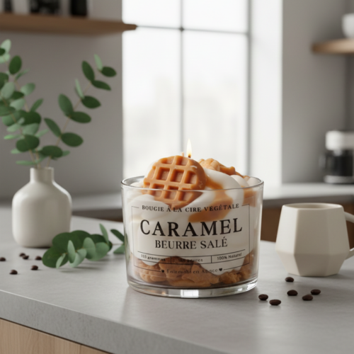 Bougie chantilly artisanale au caramel beurre salé sur un plan de travail avec des feuilles d'eucalyptus et des grains de café.