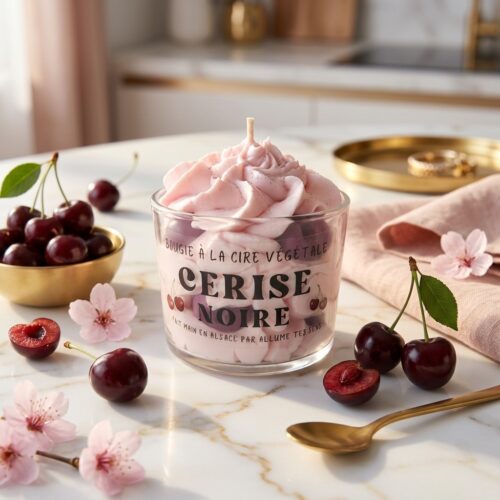 Composition artistique d'une bougie gourmande 'Cerise Noire' (Allume Tes Sens) sur un plan de travail en marbre, entourée de cerises entières fraîches, de cerises coupées, de fleurs de cerisier, d'un plateau doré avec des bagues et d'une cuillère dorée.
