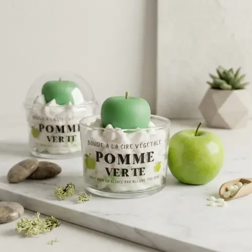 Composition de bougies Pomme Verte sur marbre blanc avec pomme fraîche, galets, mousse naturelle et pastilles de cire végétale dans une pelle en bois.
