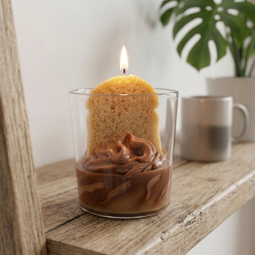Bougie gourmande trompe-l'œil brioche grillée et pâte à tartiner choco-noisette - Allume Tes Sens