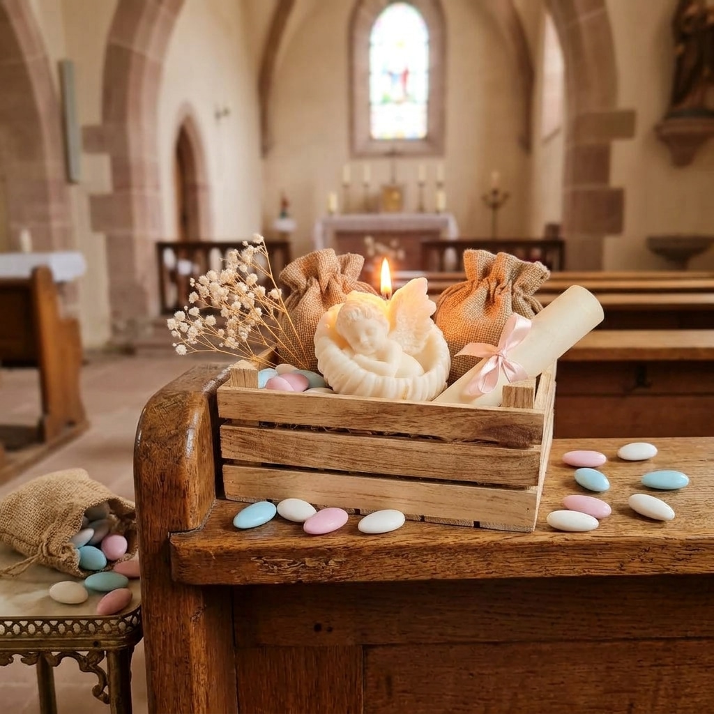 DĂ©coration de baptĂȘme dans une Ă©glise avec la bougie ange gardien allumĂ©e dans une caissette en bois entourĂ©e de dragĂ©es et sachets en toile de jute.