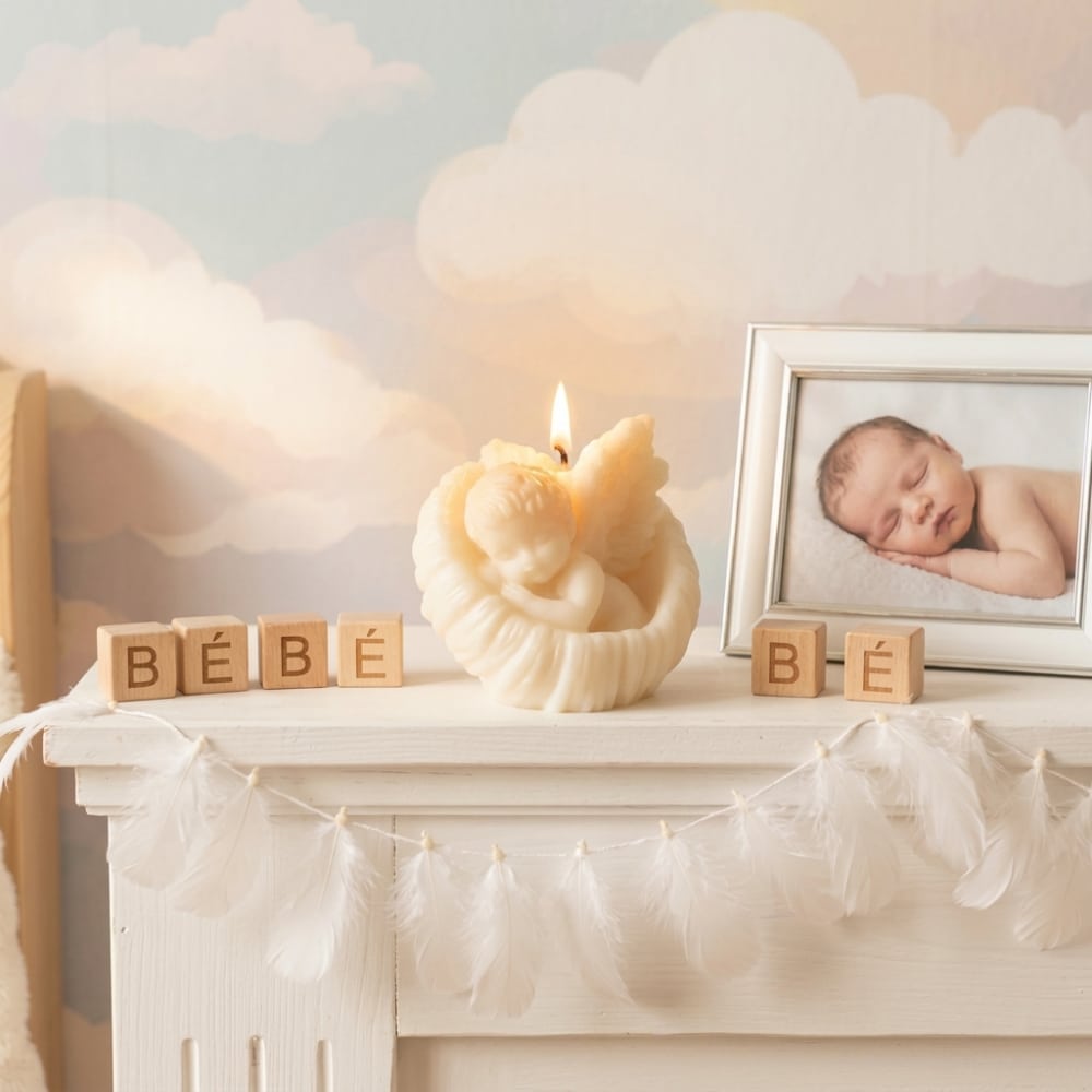 Bougie Ange Gardien allumée sur une étagÚre de chambre de bébé à cÎté de cubes en bois BEBE et d'un cadre photo.